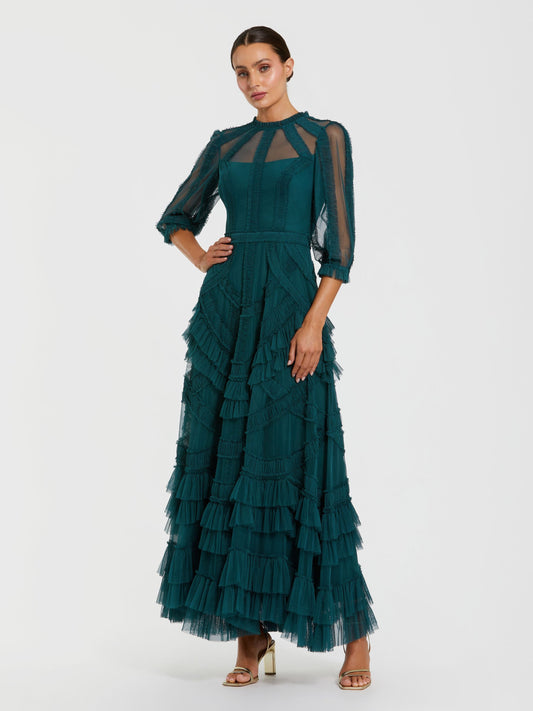 Mac Duggal Petite Teal High Neck Tiered Ruffle Maxi Dress