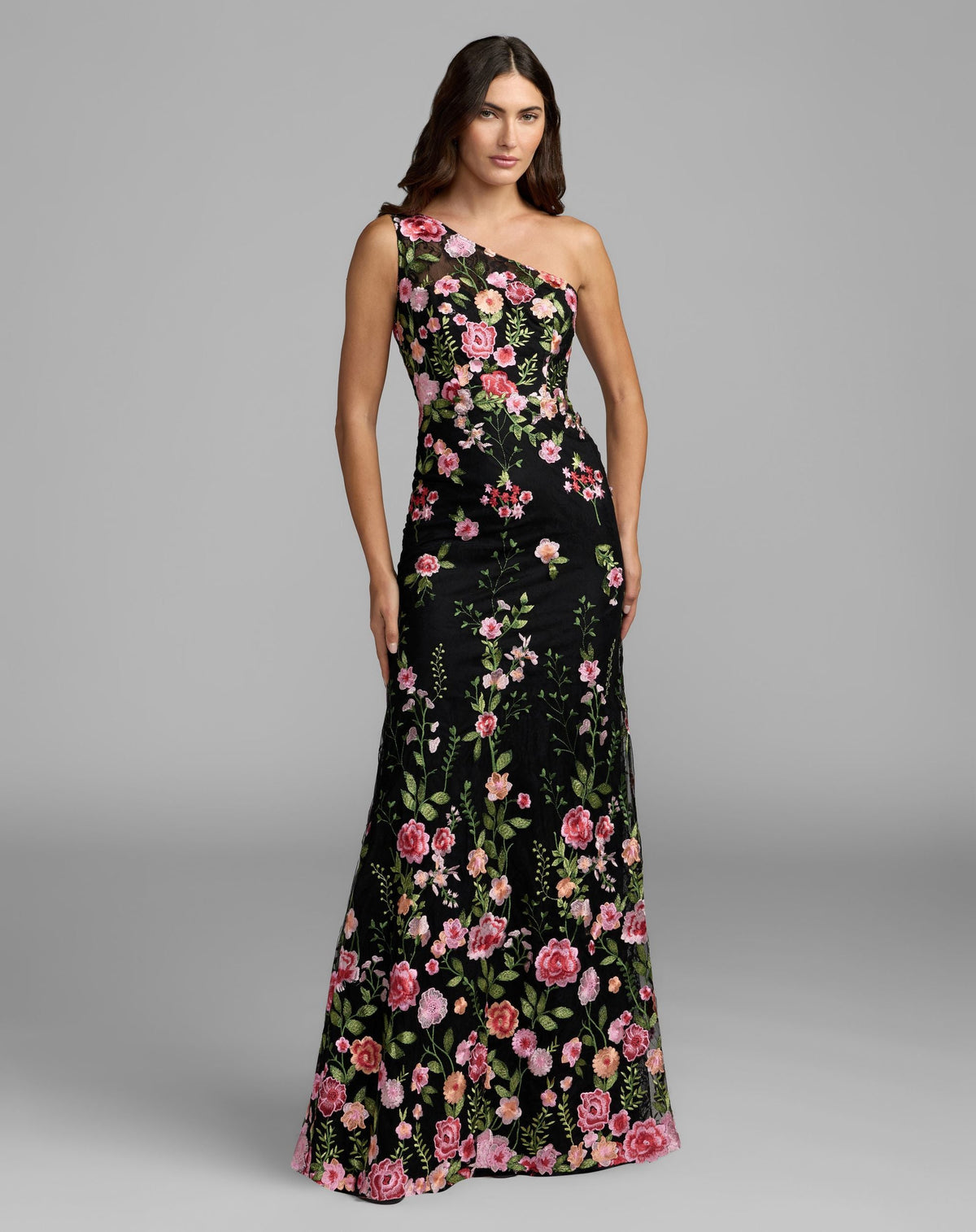 Mac Duggal Petite Black One Shoulder Floral Embroidered Gown