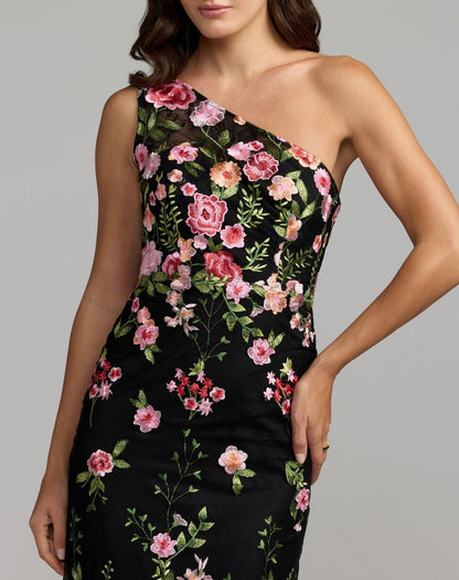Mac Duggal Petite Black One Shoulder Floral Embroidered Gown