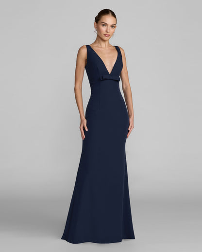 Mac Duggal Petite Navy Crepe V-Neck Mermaid Gown With Bow
