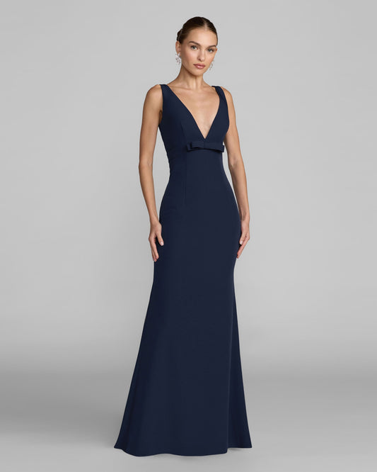 Mac Duggal Petite Navy Crepe V-Neck Mermaid Gown With Bow