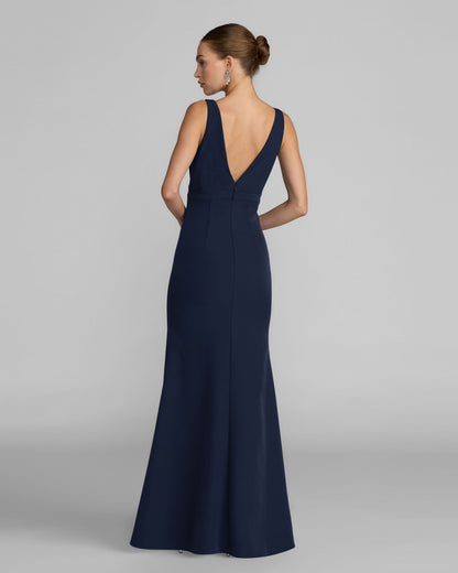 Mac Duggal Petite Navy Crepe V-Neck Mermaid Gown With Bow