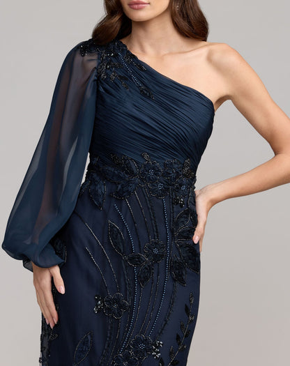 Mac Duggal Petite Navy One Sleeve Chiffon Embellished Gown