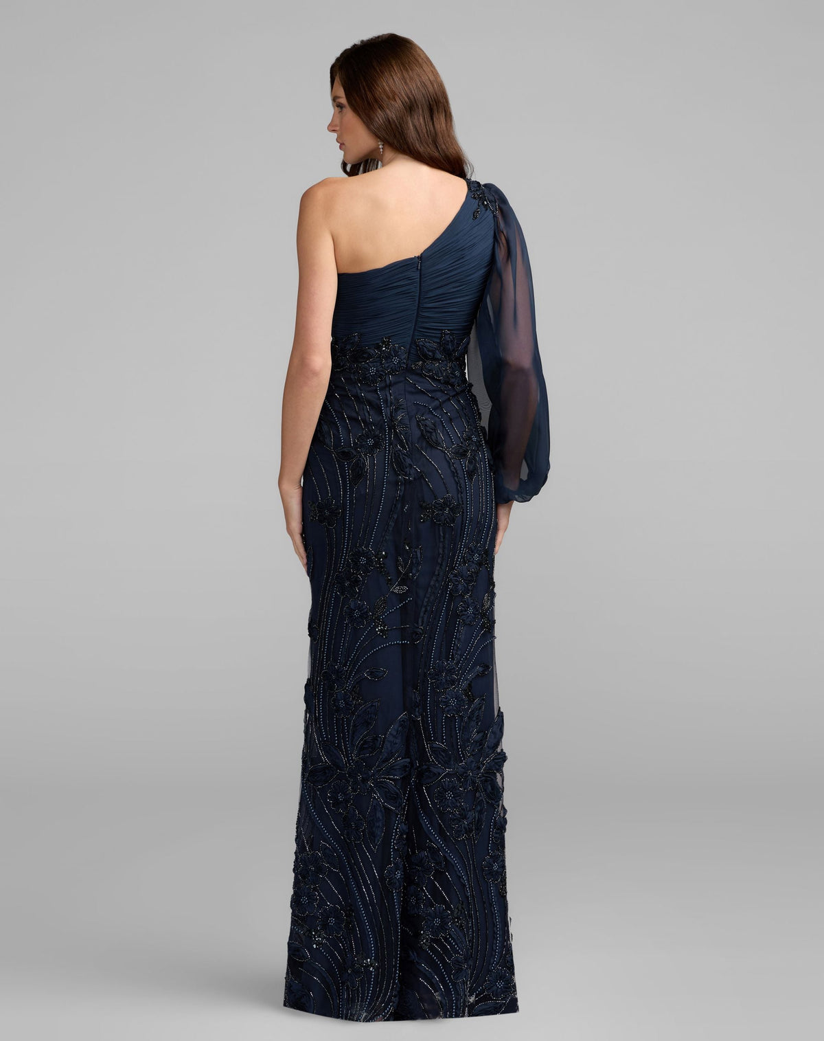 Mac Duggal Petite Navy One Sleeve Chiffon Embellished Gown