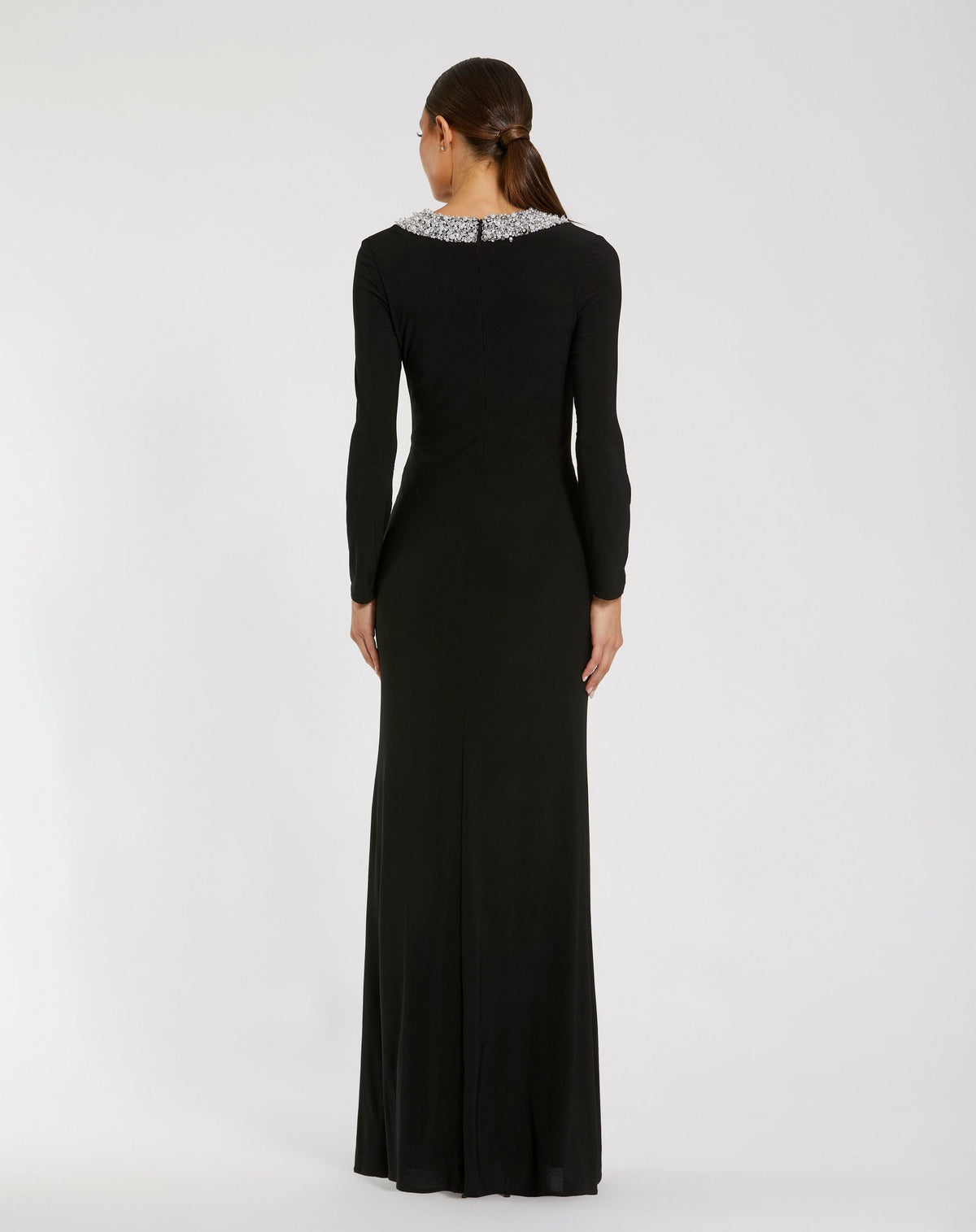 Mac Duggal Petite Black Long Sleeve Embellished High Neck Jersey Gown