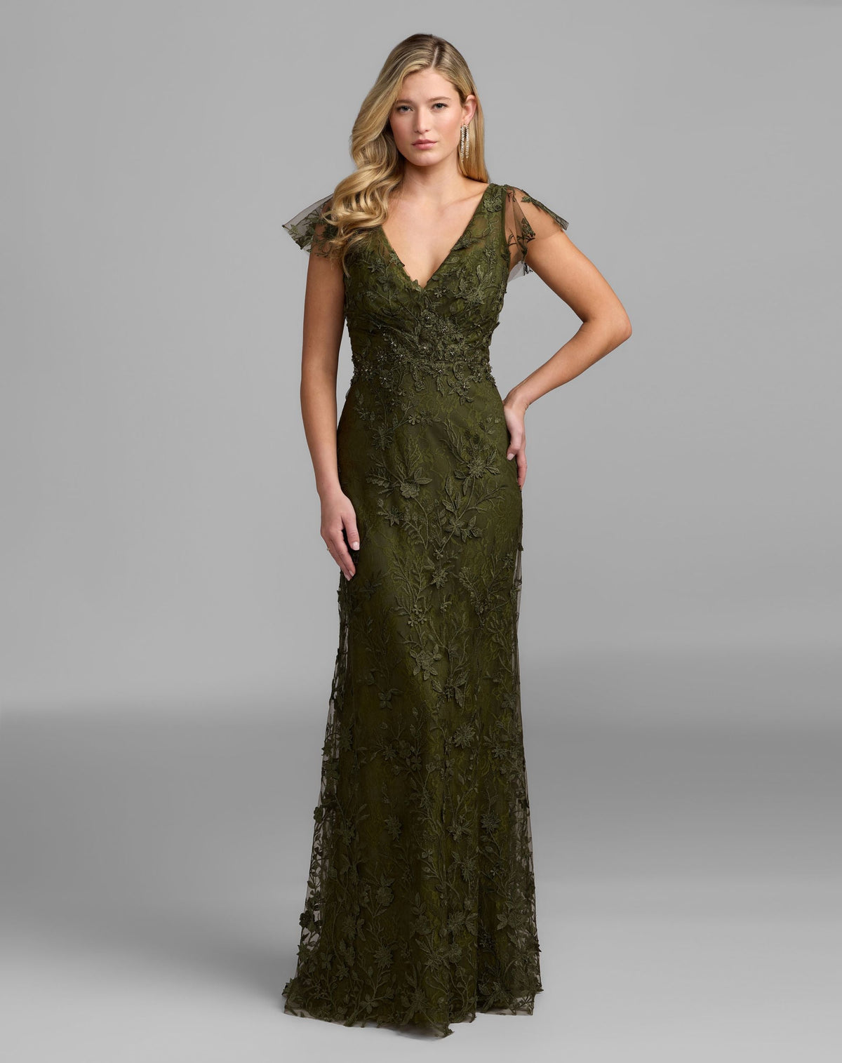 Mac Duggal Petite Olive Green Olive Floral Embroidered Flutter Sleeve Gown