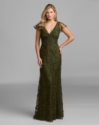 Mac Duggal Petite Olive Green Olive Floral Embroidered Flutter Sleeve Gown