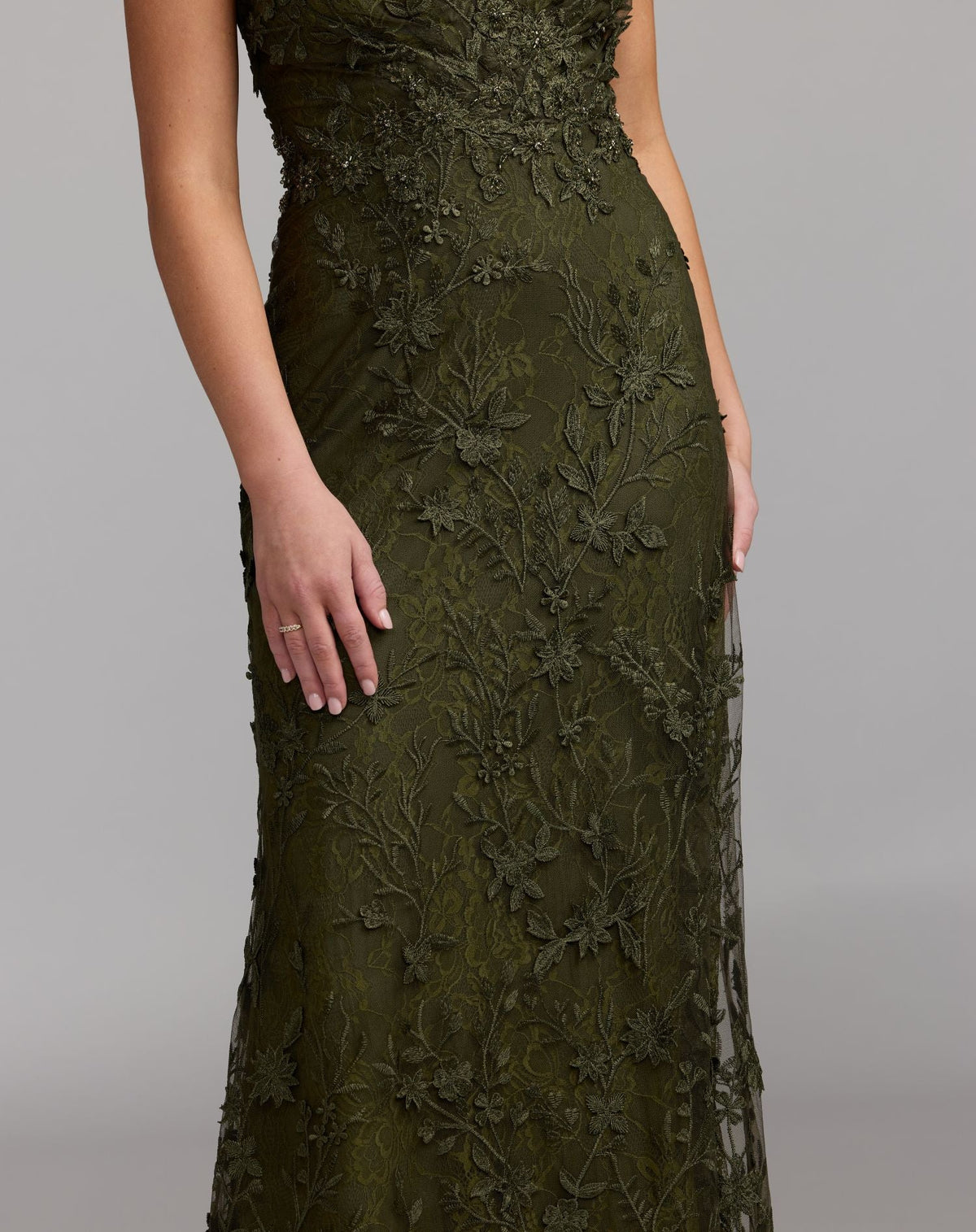 Mac Duggal Petite Olive Green Olive Floral Embroidered Flutter Sleeve Gown