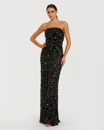 Mac Duggal Petite Black Strapless Sequin Evening Gown With Bow