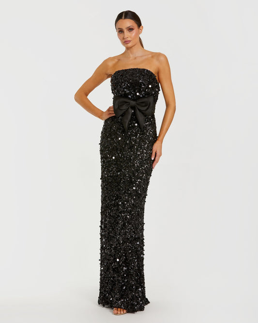 Mac Duggal Petite Black Strapless Sequin Evening Gown With Bow