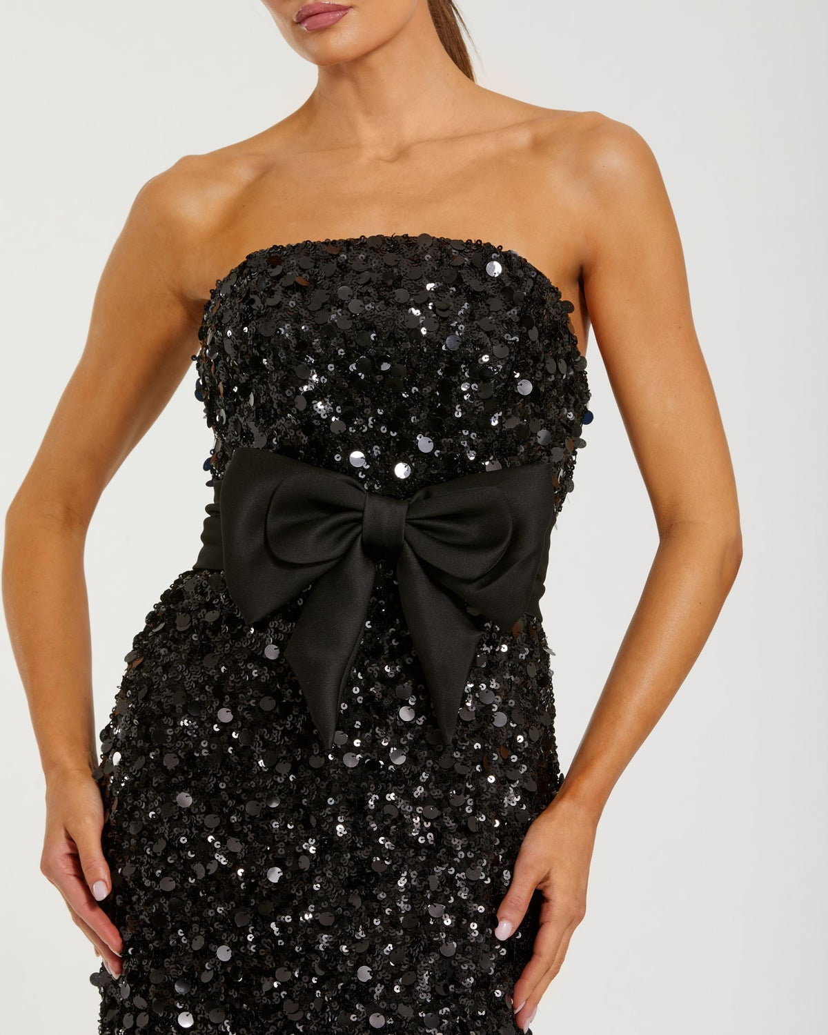 Mac Duggal Petite Black Strapless Sequin Evening Gown With Bow