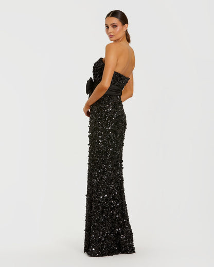 Mac Duggal Petite Black Strapless Sequin Evening Gown With Bow