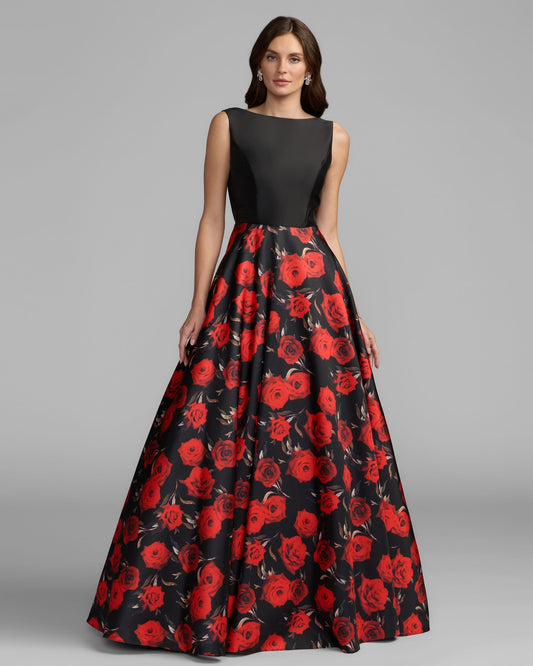 Mac Duggal Petite Black And Red Floral Open Back Ball Gown
