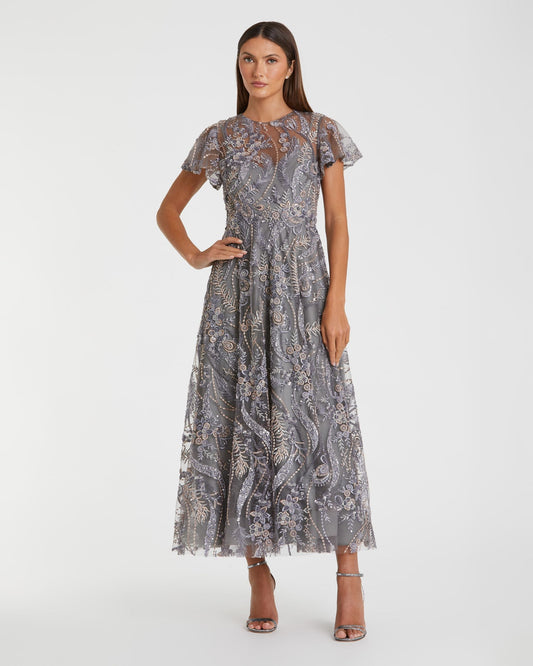 Mac Duggal Gray Embroidered Flutter Sleeve Midi Dress