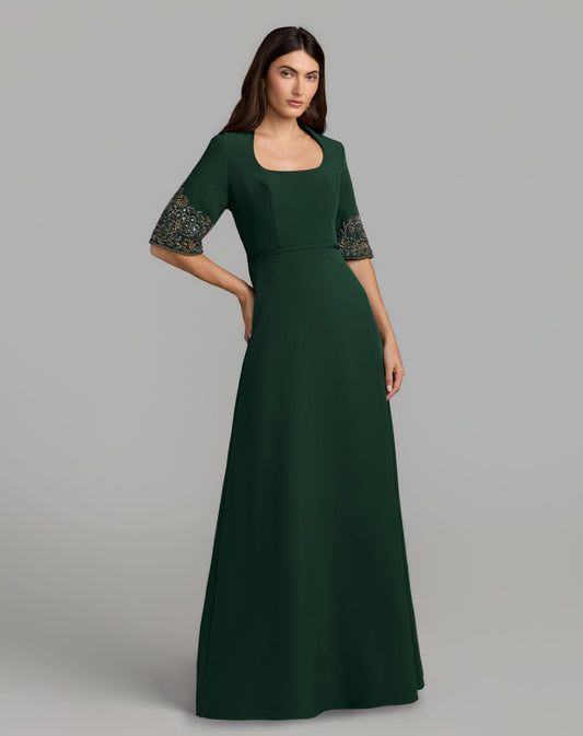 Mac Duggal Deep Green Scoop Neck Beaded Sleeve Crepe Gown