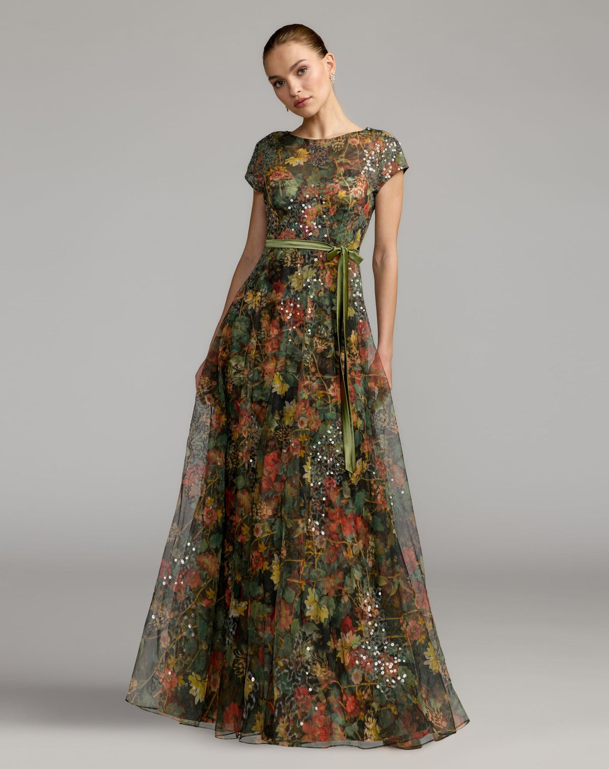 Mac Duggal Multicolor Floral Belted A-Line Gown
