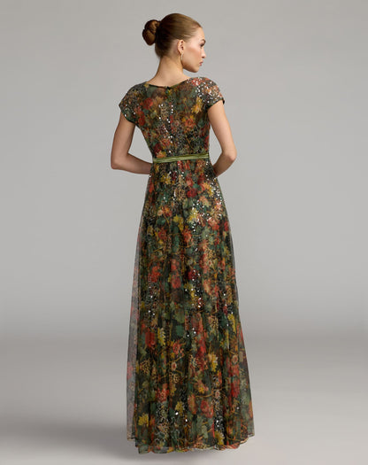 Mac Duggal Multicolor Floral Belted A-Line Gown