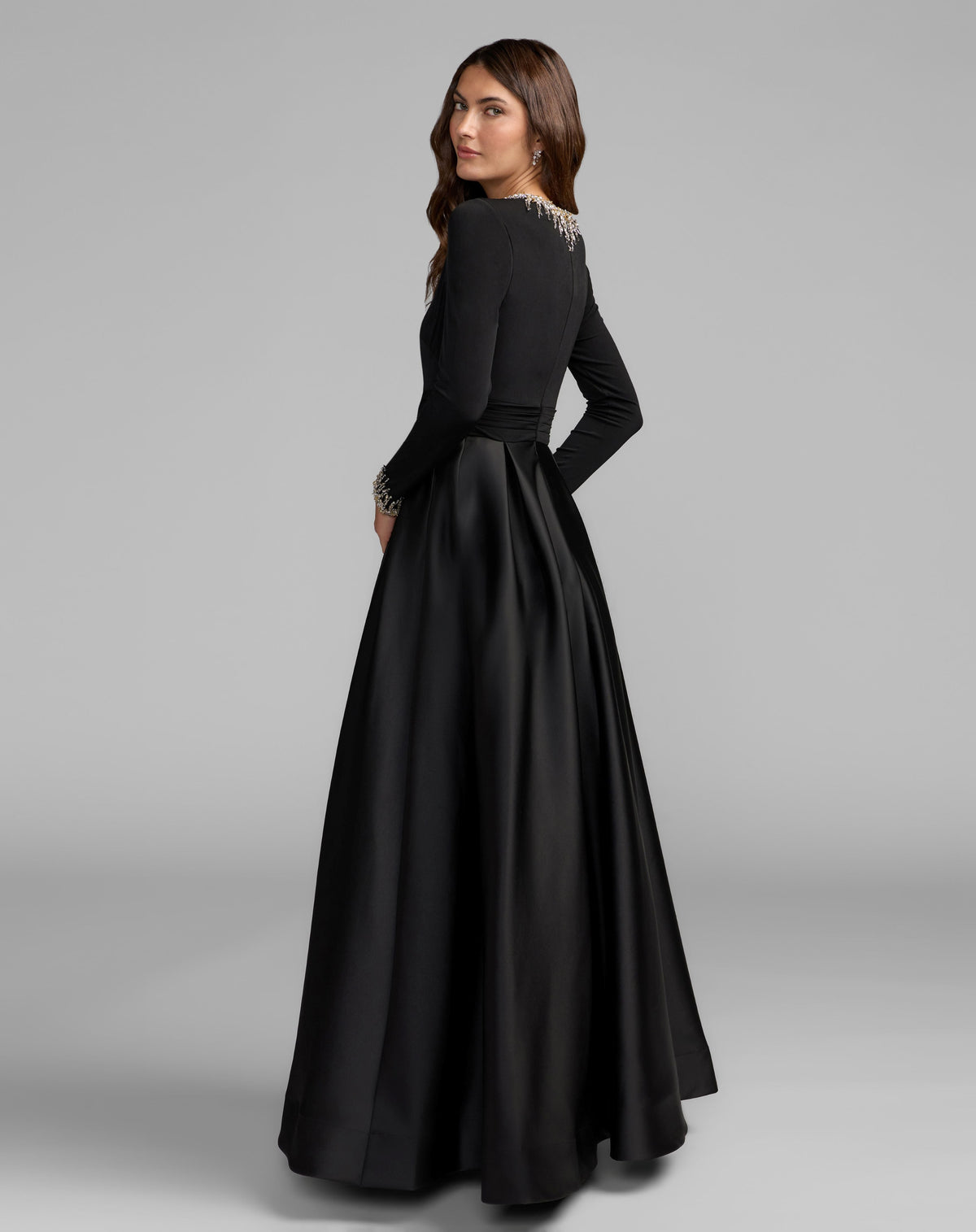 Mac Duggal Black Jersey and Satin Long Sleeve A-Line Gown