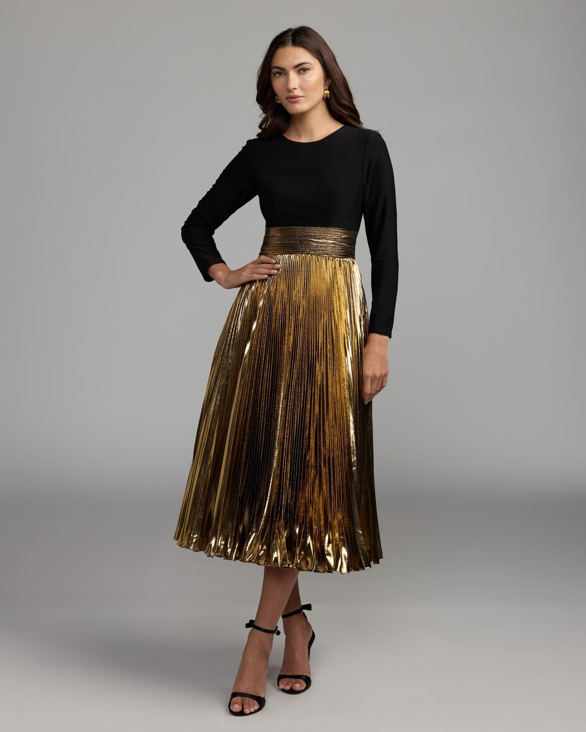 Mac Duggal Black Gold Long Sleeve Pleated Midi Dress