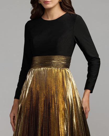 Mac Duggal Black Gold Long Sleeve Pleated Midi Dress