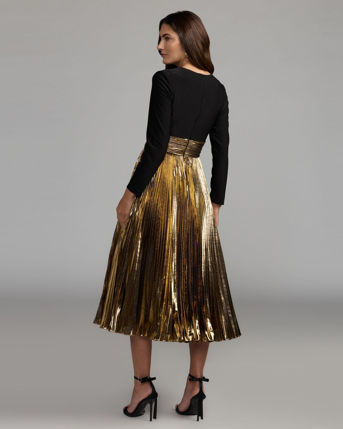 Mac Duggal Black Gold Long Sleeve Pleated Midi Dress