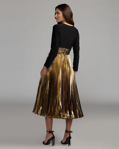 Mac Duggal Black Gold Long Sleeve Pleated Midi Dress