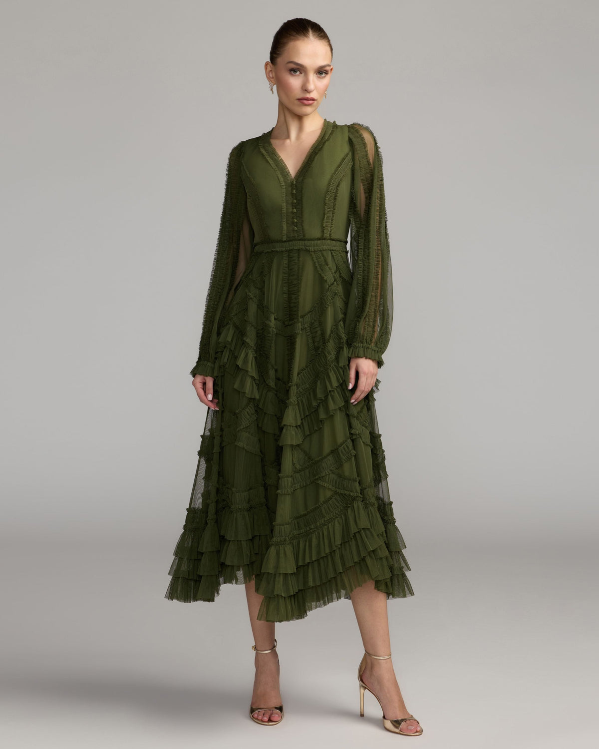 Mac Duggal Green Long Sleeve V-Neck Micro Ruffle Midi Dress