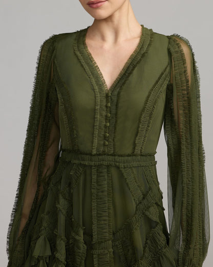 Mac Duggal Green Long Sleeve V-Neck Micro Ruffle Midi Dress