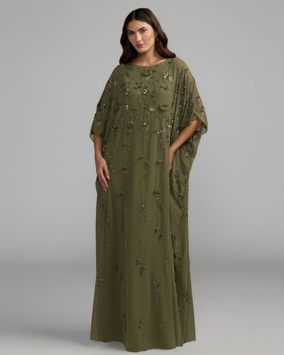Mac Duggal Green Floral Embellished Kaftan Gown