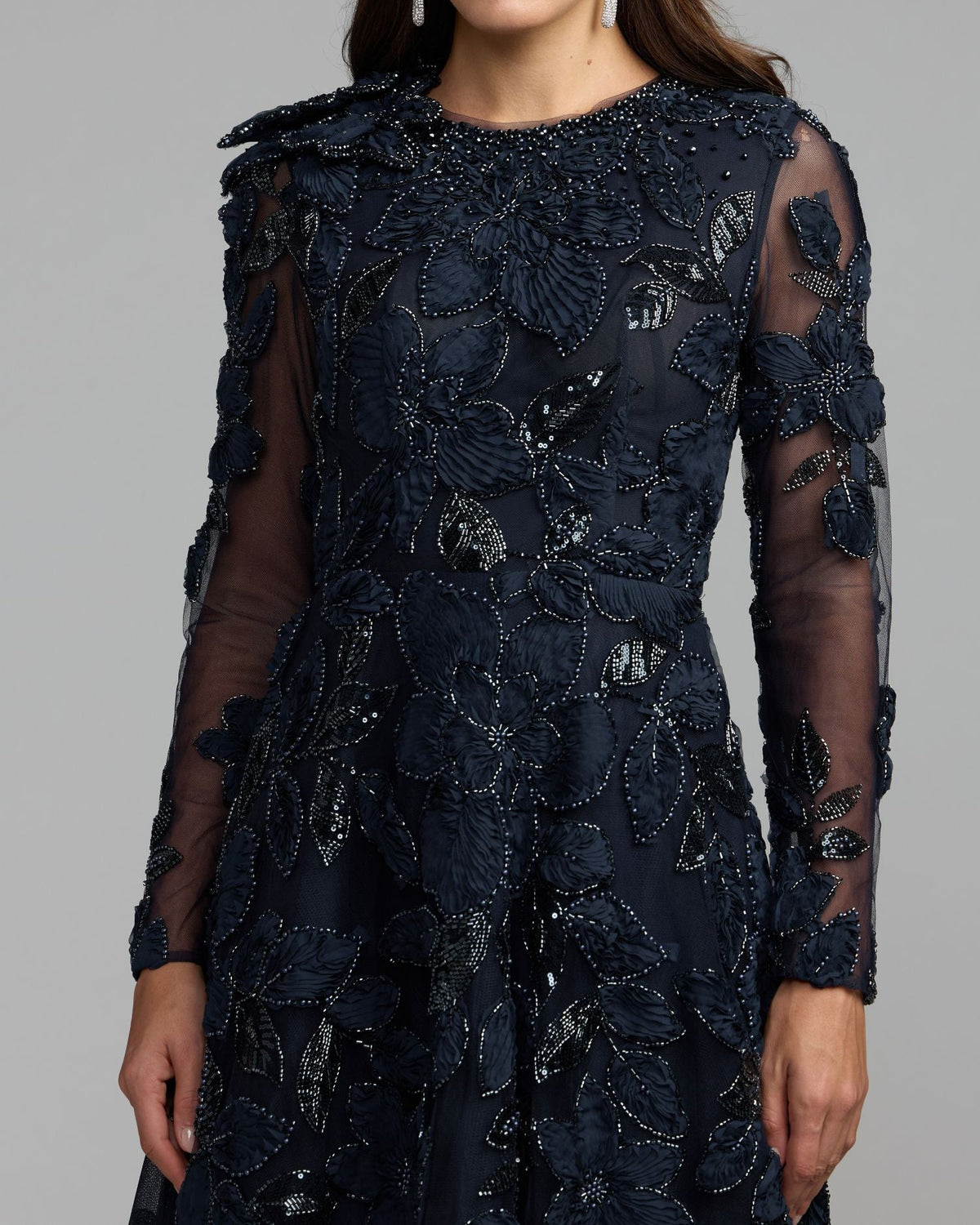 Mac Duggal Navy Floral Embellished Long Sleeve Gown