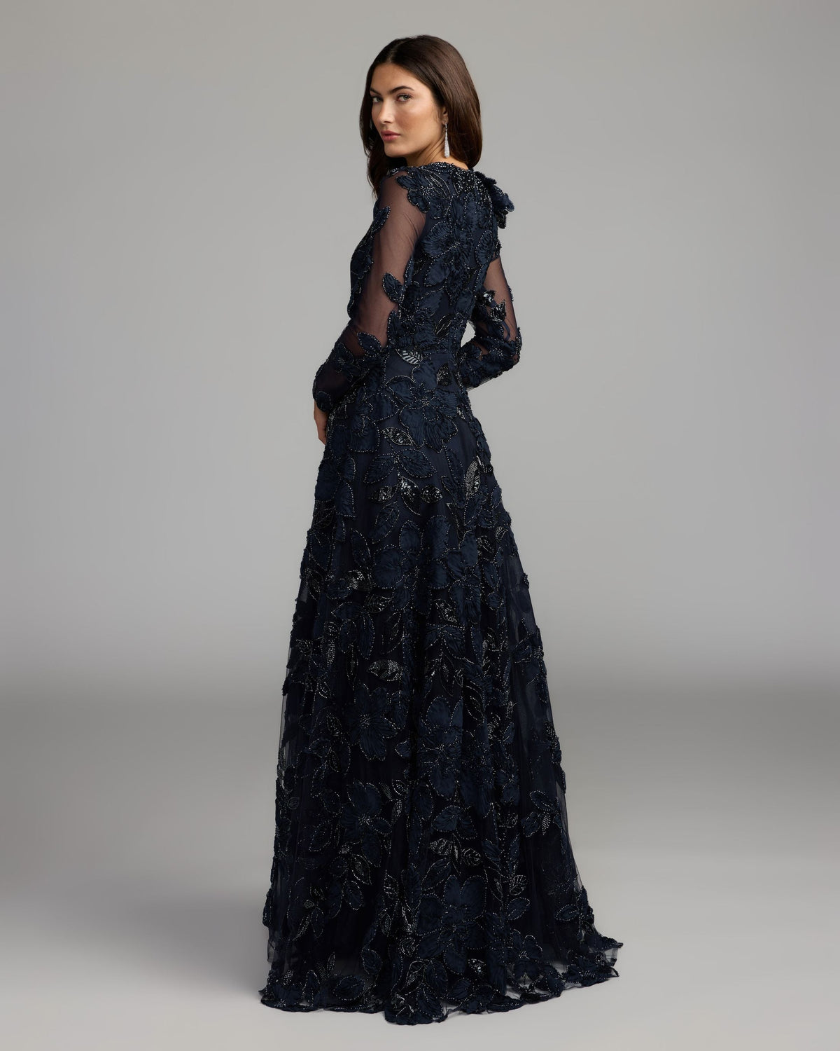 Mac Duggal Navy Floral Embellished Long Sleeve Gown