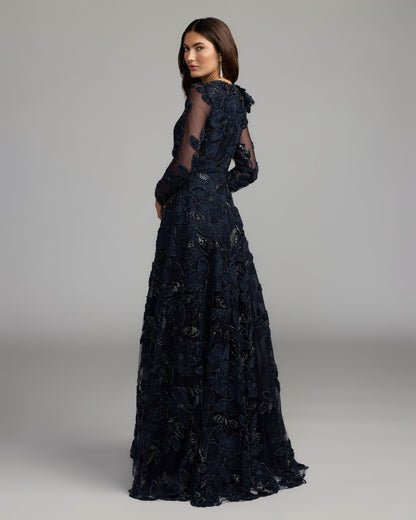Mac Duggal Navy Floral Embellished Long Sleeve Gown