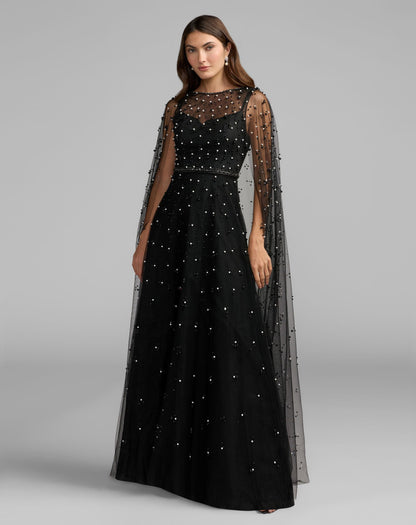 Mac Duggal Black Pearl Embellished Tulle A-Line Gown With Cape