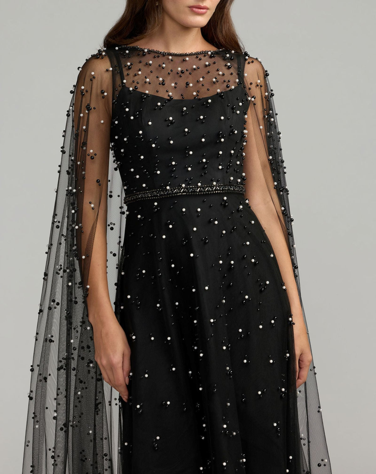 Mac Duggal Black Pearl Embellished Tulle A-Line Gown With Cape