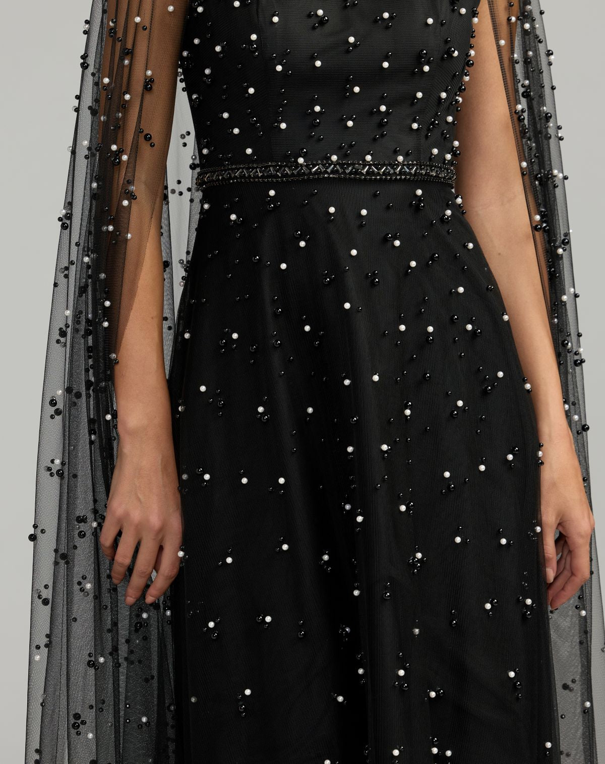 Mac Duggal Black Pearl Embellished Tulle A-Line Gown With Cape