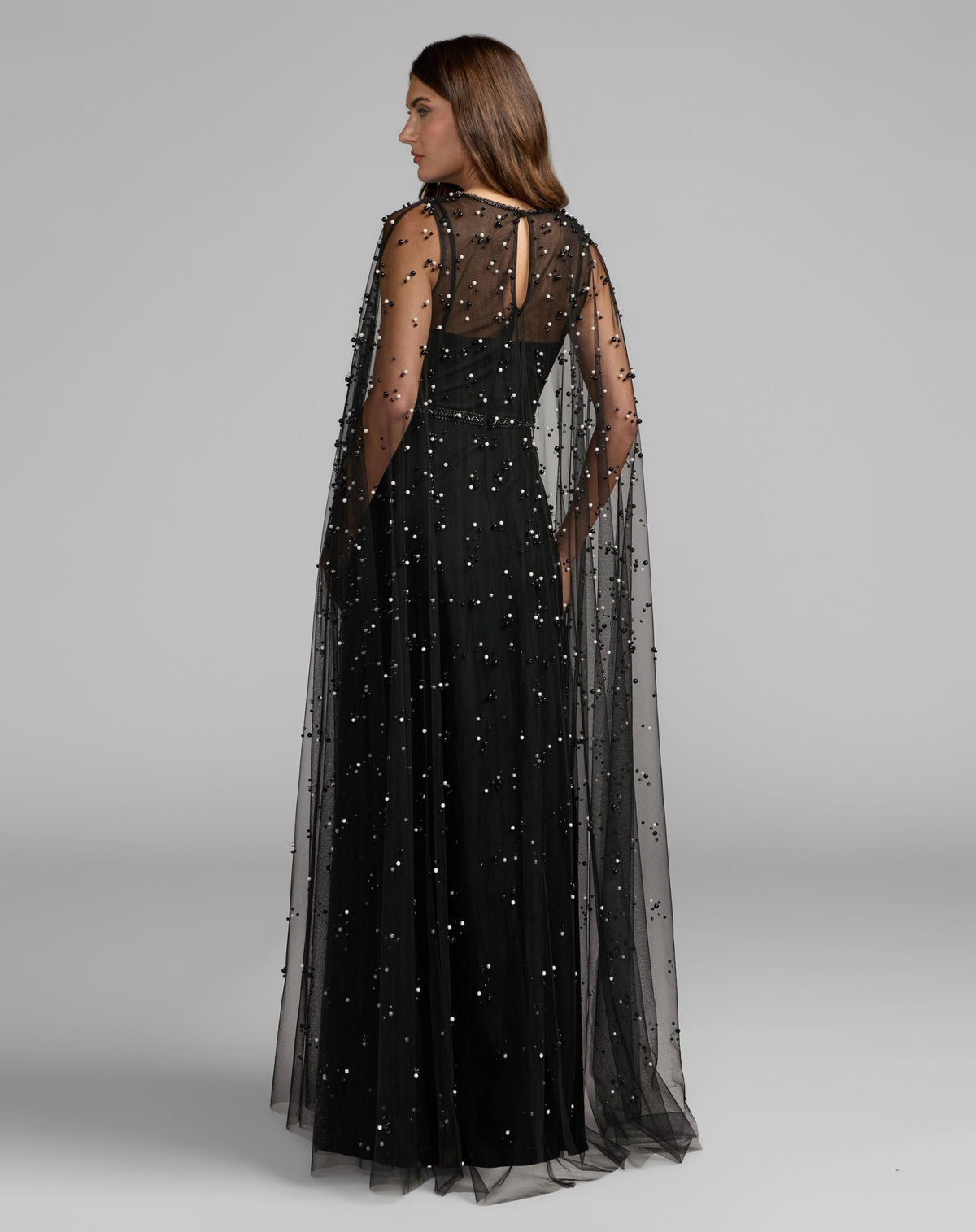 Mac Duggal Black Pearl Embellished Tulle A-Line Gown With Cape