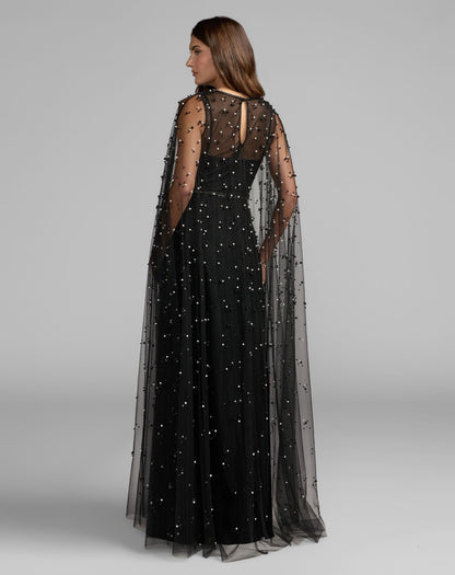 Mac Duggal Black Pearl Embellished Tulle A-Line Gown With Cape