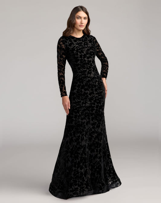 Mac Duggal Black High Neck Long Sleeve Floral Velvet Gown