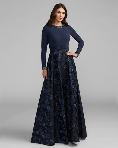 Mac Duggal Navy Floral Brocade A-Line Gown With Pockets