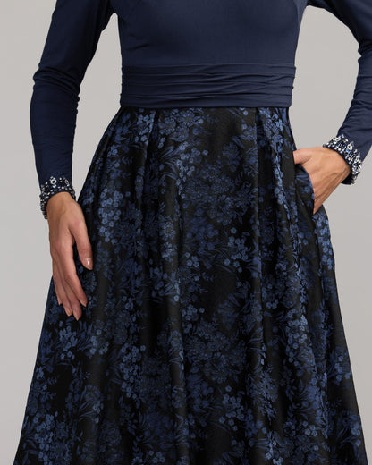 Mac Duggal Navy Floral Brocade A-Line Gown With Pockets