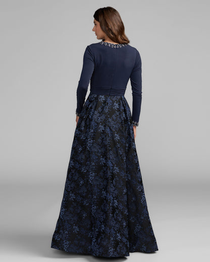 Mac Duggal Navy Floral Brocade A-Line Gown With Pockets