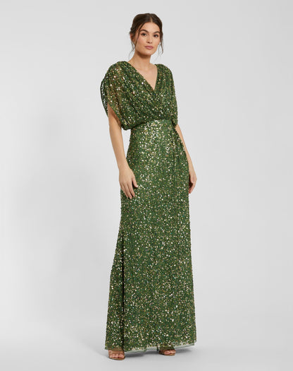 Mac Duggal Dark Green Sequin Draped Sleeve V-Neck Gown