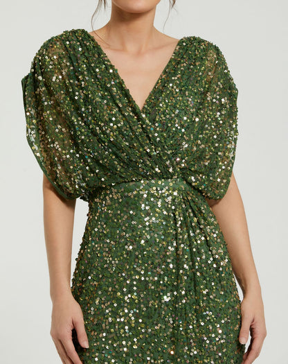 Mac Duggal Dark Green Sequin Draped Sleeve V-Neck Gown