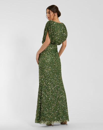 Mac Duggal Dark Green Sequin Draped Sleeve V-Neck Gown