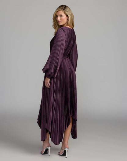 Mac Duggal Dark Purple Long Sleeve Pleated Charmeuse Handkerchief Dress