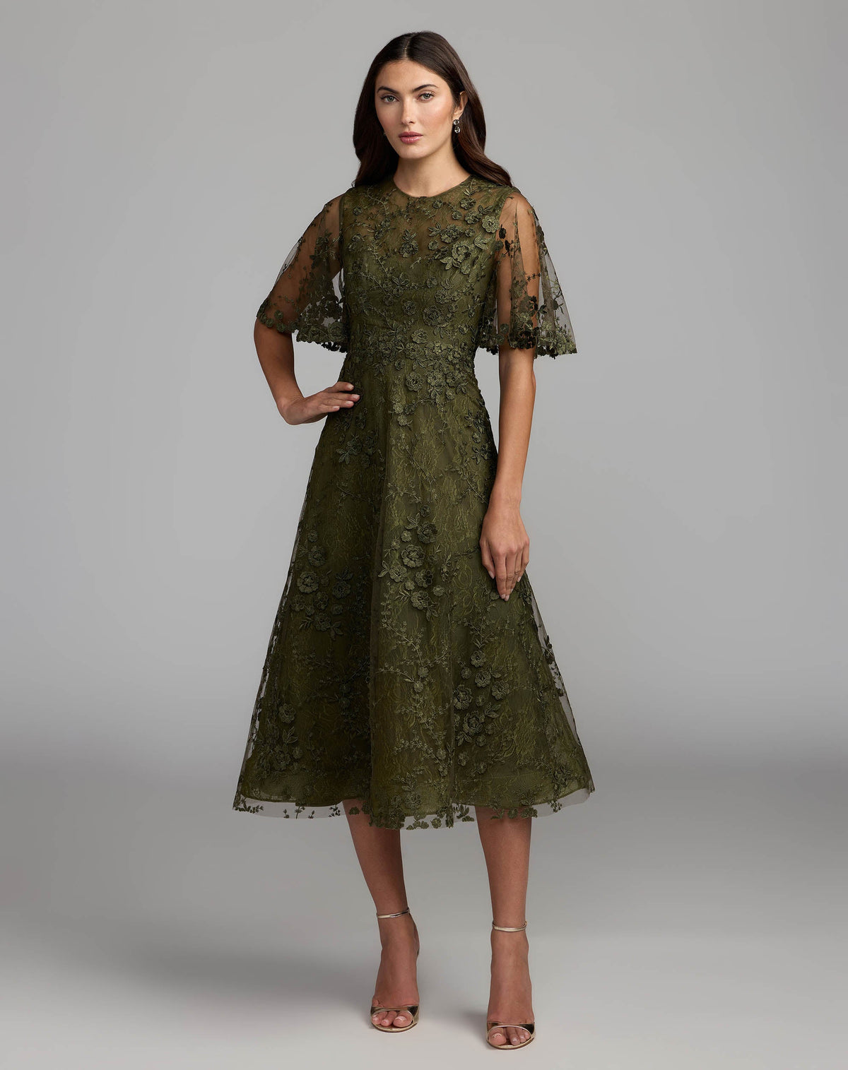 Mac Duggal Deep Green Flutter Sleeve Embroidered Midi Dress