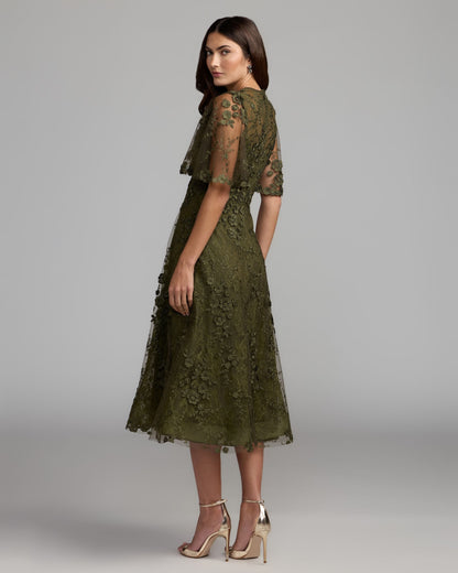 Mac Duggal Deep Green Flutter Sleeve Embroidered Midi Dress