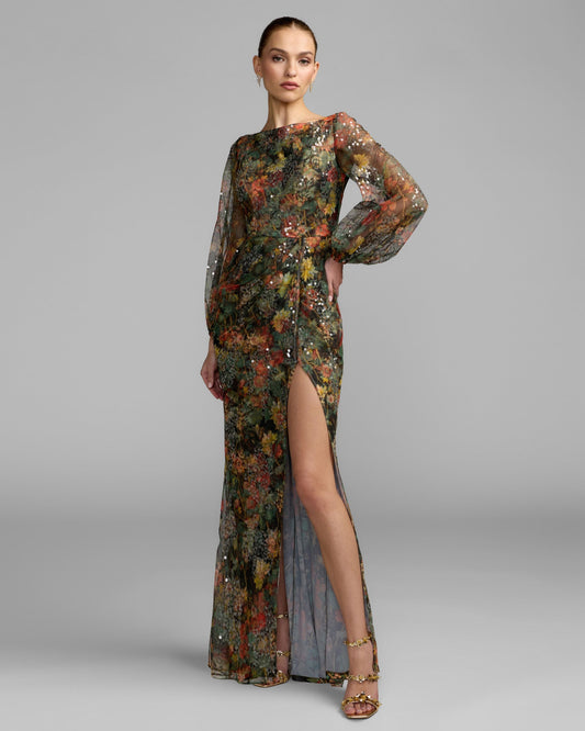 Mac Duggal Black Multicolor Floral Sequined Puff Sleeve Gown
