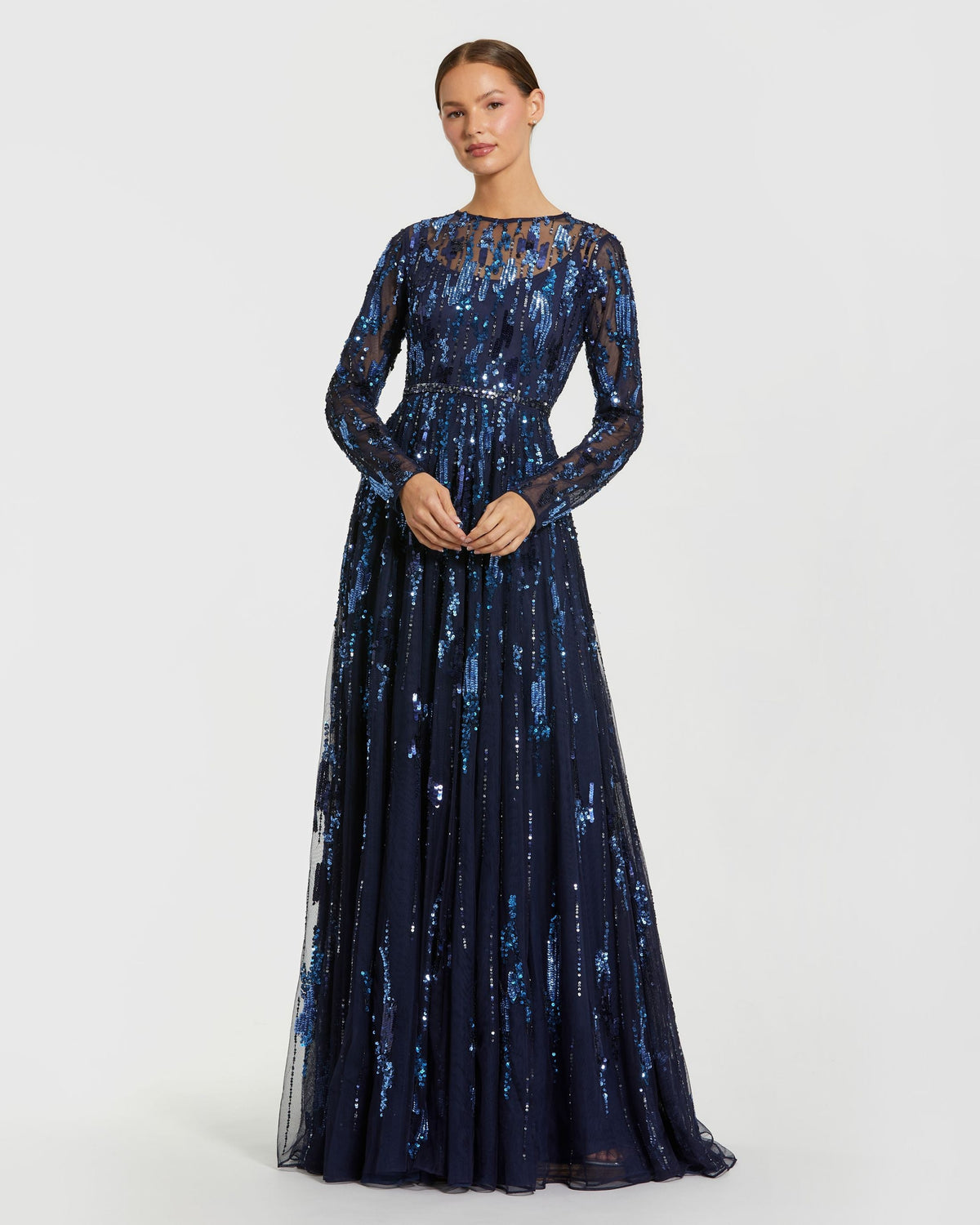 Mac Duggal Navy Long Sleeve Sequin Embellished Gown