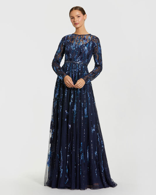 Mac Duggal Navy Long Sleeve Sequin Embellished Gown